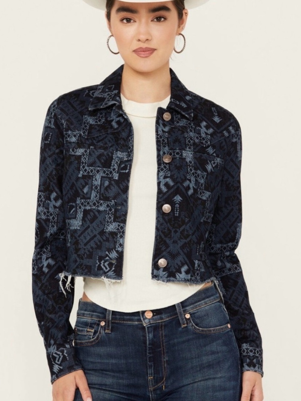 Shyanne Denim Aztec Western Cropped Frayed Denim Jean Jacket Womens Large